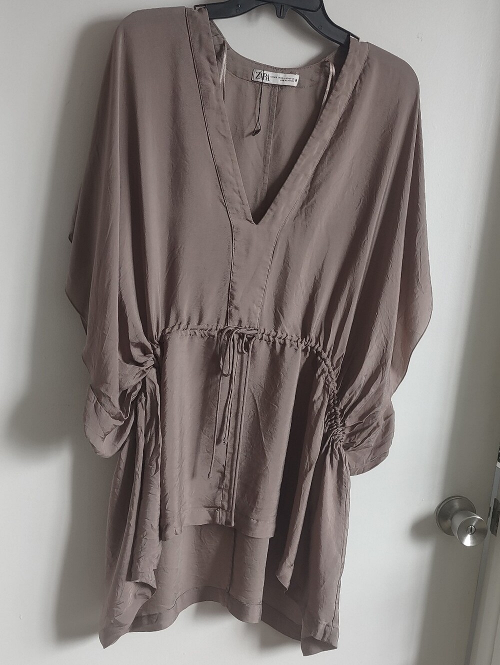 Zara Taupe Drawstring V-Neck Tunic